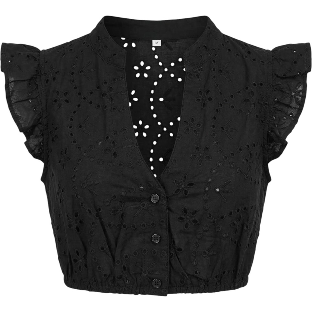 New XL Black Ruffle Sleeve Seersucker Dirndl Oktoberfest Top V Neck Blouse